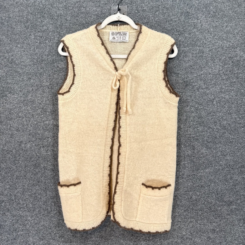 Vintage Karen Isull Vest Women Large Cream Wool Tie Front Scallop Nordic Iceland
